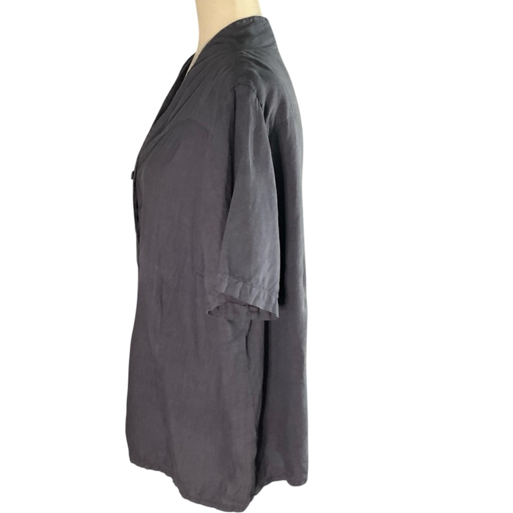 Flax Blue Gray Collarless Button Front Short Slee… - image 4